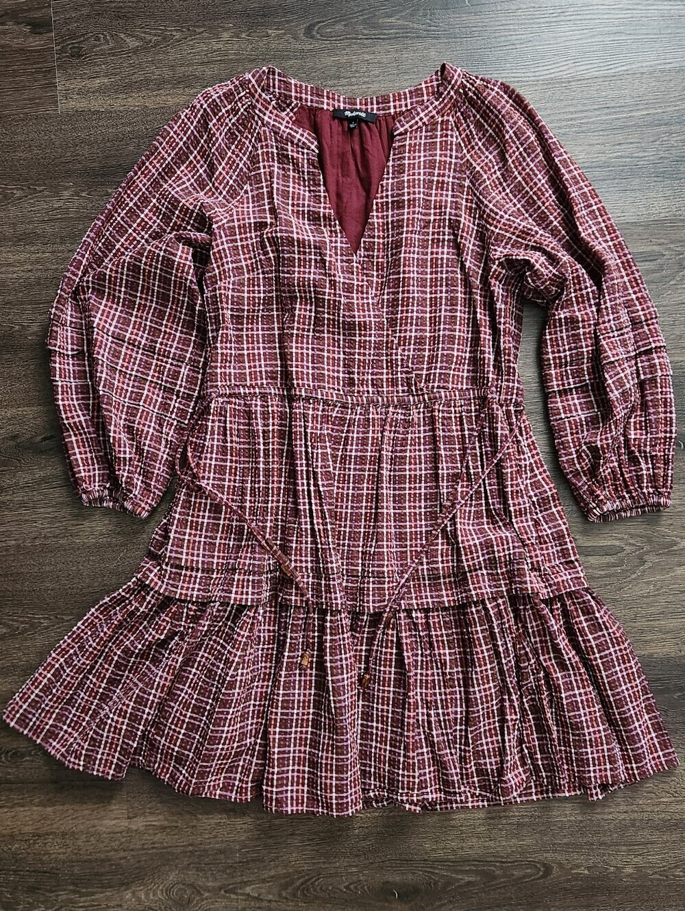 NWOT Madewell Burgundy Plaid Tiered Long-Sleeve Dress, Size S